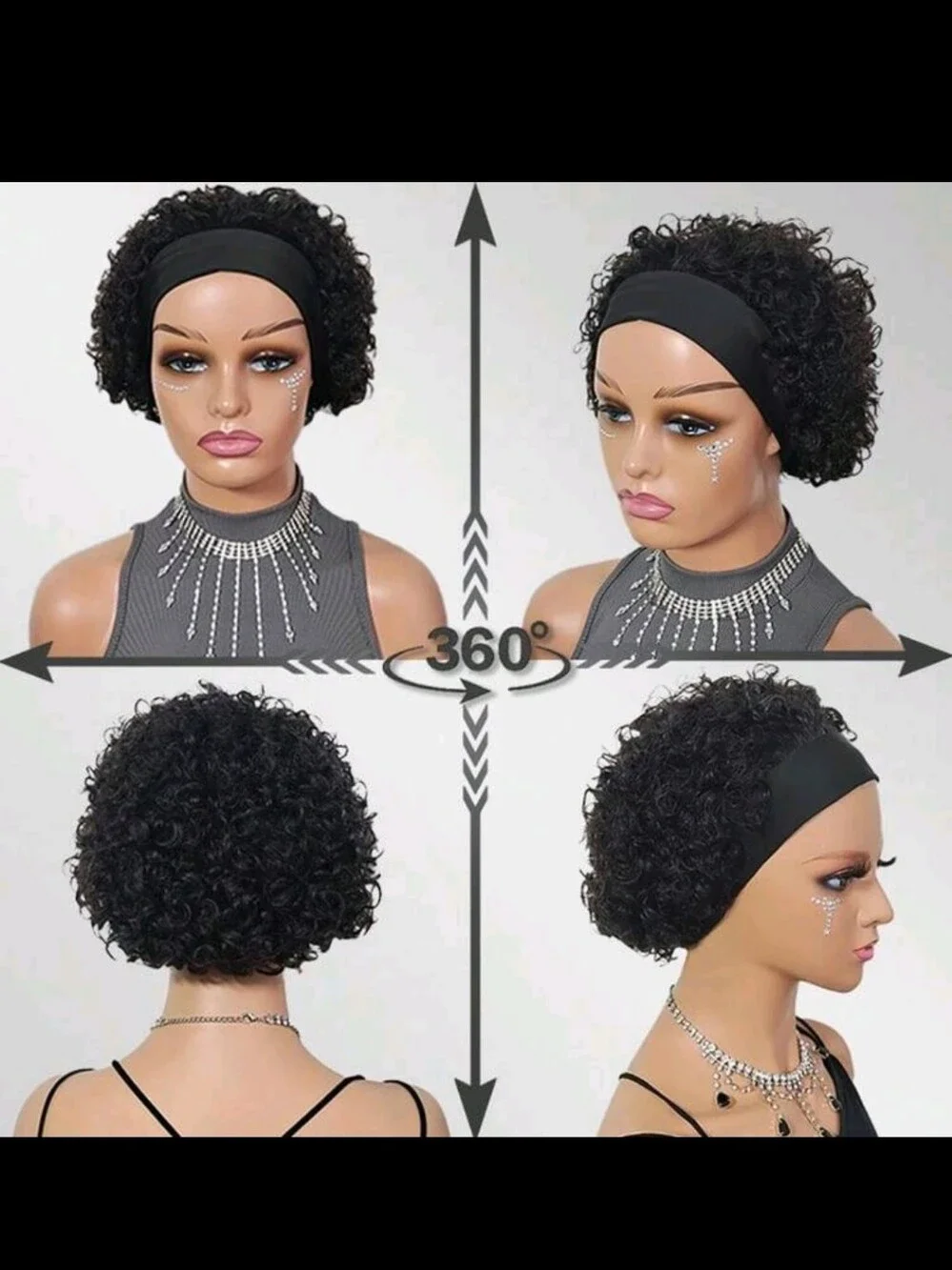 Black Wide Headband Wig Cap with Short Curly Hair